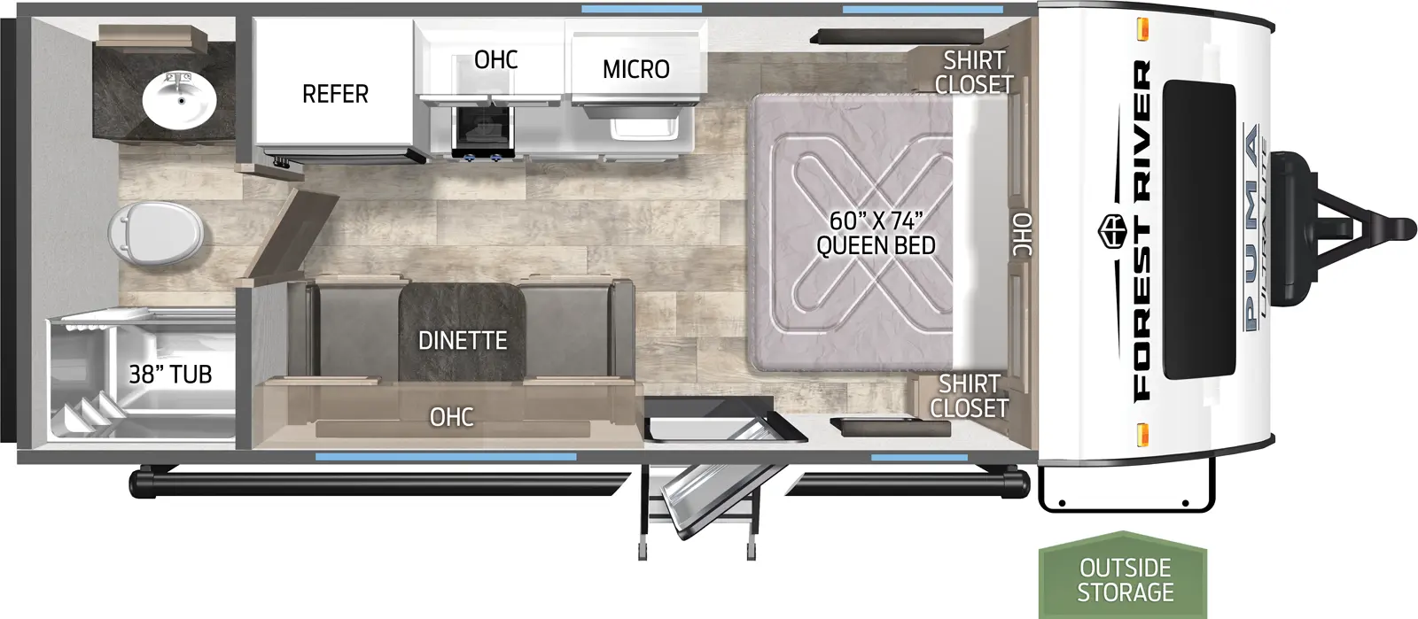 The Puma Ultra Lite 16QBX floorplan has one entry and zero slide outs. Exterior features include: metal exterior and 13' awning. Interiors features include: front bedroom and rear bathroom.